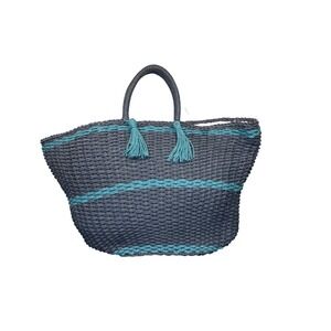 NEW Bujibaja Large Wicker Weave Tote Bag Blues Beach Vacation Travel